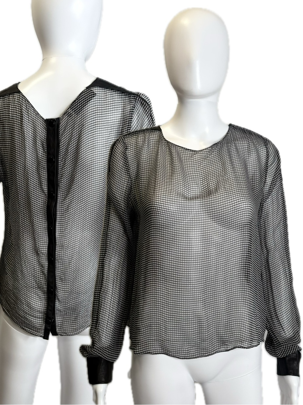 VEDA Gingham Plaid Silk Blouse Size XS Black Faux Leather Snap Back Long Sleeve